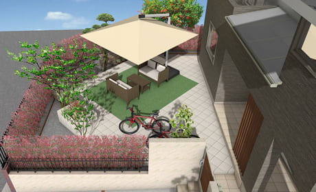 緑に囲まれたタイルと人工芝のテラス 横浜の外構 エクステリア 庭 ヒールザガーデン